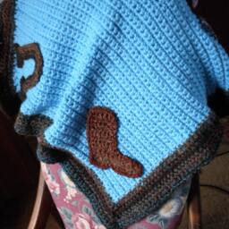 Rustic Crochet Cowboy Cowgirl Baby Blanket Nursery Wall Decor Handmade Blue Rust Red Brown Denim Lap Play Boot Lasso Hat Horseshoe - thumbnail 3