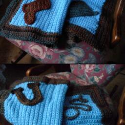Rustic Crochet Cowboy Cowgirl Baby Blanket Nursery Wall Decor Handmade Blue Rust Red Brown Denim Lap Play Boot Lasso Hat Horseshoe - thumbnail 2