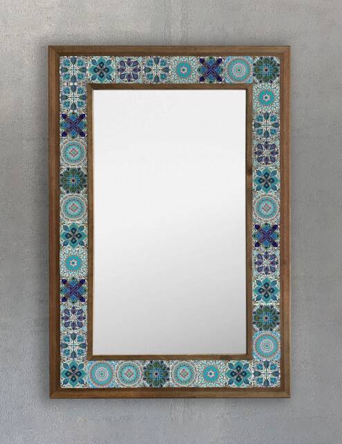 Handmade Ceramic Wall Mirror, Wooden Frame, Stone Home Decor Coaster, Bohemian Mirror - image 1