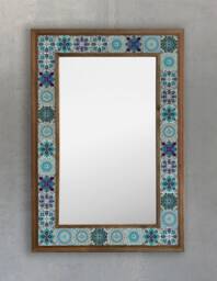 Handmade Ceramic Wall Mirror, Wooden Frame, Stone Home Decor Coaster, Bohemian Mirror - thumbnail 1