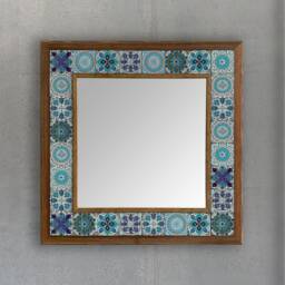 Handmade Ceramic Wall Mirror, Wooden Frame, Stone Home Decor Coaster, Bohemian Mirror - thumbnail 3