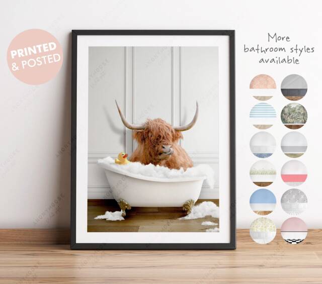 Highland Cow in A Vintage Bath Wall Art, in Bathtub, Animal Tub Contemporary Art Print Bathroom, Funny Toilet Print, Nursery - image 1