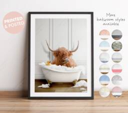 Highland Cow in A Vintage Bath Wall Art, in Bathtub, Animal Tub Contemporary Art Print Bathroom, Funny Toilet Print, Nursery - thumbnail 1