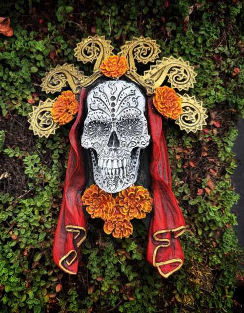 Dia De Los Muertos Wall Plaque, Large, Hand Painted Resin - Mexican Art Spooky Day Of The Dead Skull For Gothic Home Decor - image 1