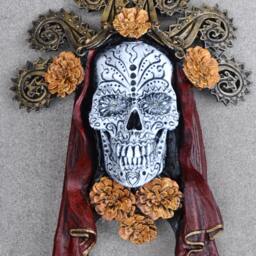 Dia De Los Muertos Wall Plaque, Large, Hand Painted Resin - Mexican Art Spooky Day Of The Dead Skull For Gothic Home Decor - thumbnail 2