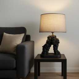 Handmade Pumice Stone Table Lamp Modern Wood Base, Linen Shade - thumbnail 3