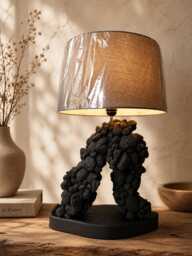 Handmade Pumice Stone Table Lamp Modern Wood Base, Linen Shade