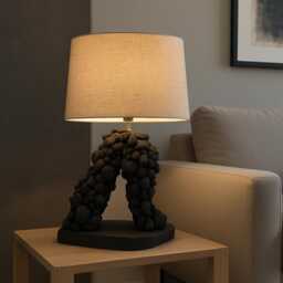 Handmade Pumice Stone Table Lamp Modern Wood Base, Linen Shade - thumbnail 2
