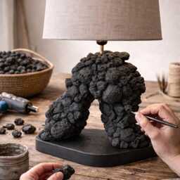Handmade Pumice Stone Table Lamp Modern Wood Base, Linen Shade - thumbnail 4