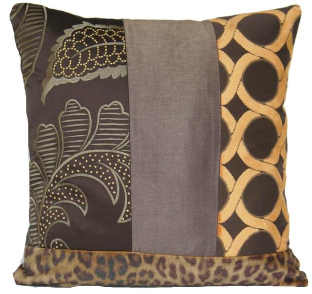 Chocolate Brown & Orange Patchwork Unique Cushion Cover Flower Gold Silk Embroidery Designers Fabric Decorative Pillow Throw Case