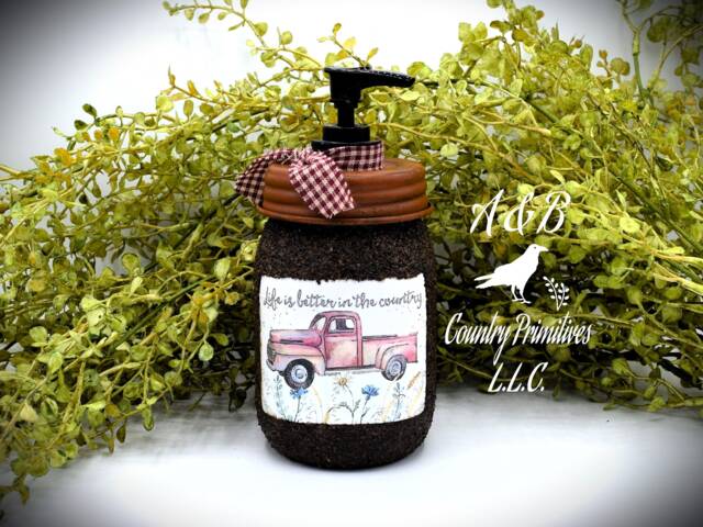 Life Is Better in The Country Grubby Mason Jar Hand Soap Dispenser, Vintage Red Truck, Bathroom Decor - image 1