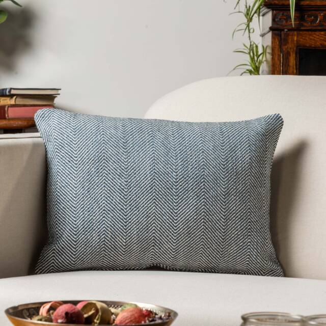 Faux Wool Linen Blend Herringbone Boudoir Cushion in Navy Blue. Traditional Linen-Mix Effect Fabric. 17x12 - image 1