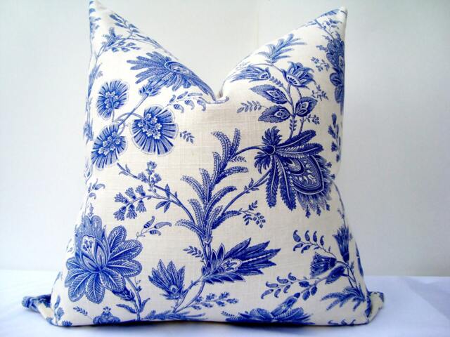 Blue White Floral Linen Pillow Cover, Designer Accent Cushion 20