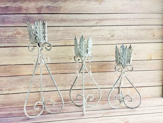 White Candle Holders - Acanthus Leaf Rustic Chippy Decor French Country Ready To Ship - image 1