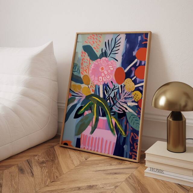 Pink Flowers Abstract Art Poster Inspired By Henri Matisse, Vibrant Floral Print - image 1