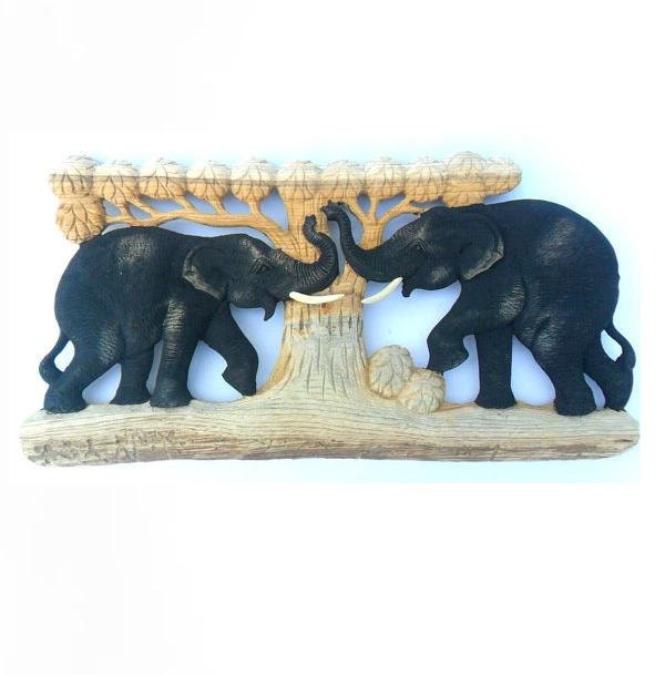 "Natural Teak Wood Carving Of Two Elephants in The Forest Tree Wall Hanging Home Art Decor Hand Carved Elephant/Gift 10""x20" - image 1