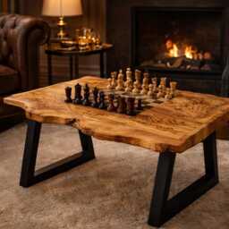 Handmade Olive Wood Chess Table, Live Edge Rustic Coffee Luxury Game Decor - thumbnail 3