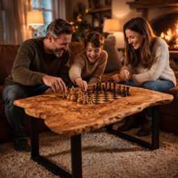 Handmade Olive Wood Chess Table, Live Edge Rustic Coffee Luxury Game Decor - thumbnail 4