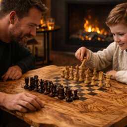 Handmade Olive Wood Chess Table, Live Edge Rustic Coffee Luxury Game Decor - thumbnail 2