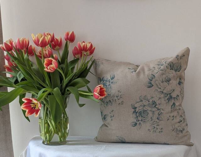 Pale Teal Duck Egg Cotton Cushion Cover - Floral Design With Neutral Linen Background Vintage Interiors, Scandi, Handmade Cushions - image 1