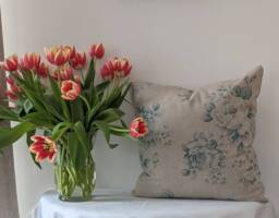 Pale Teal Duck Egg Cotton Cushion Cover - Floral Design With Neutral Linen Background Vintage Interiors, Scandi, Handmade Cushions