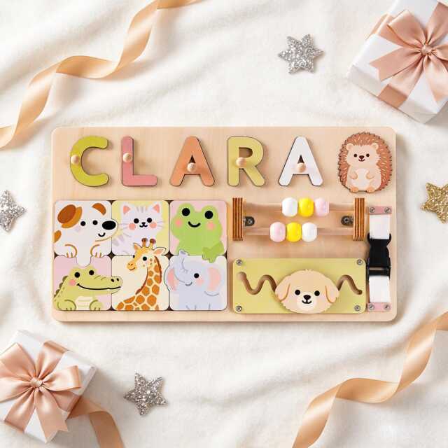 Personalized Baby Name Puzzle, Custom Wooden Early Learning Busy Board, 1st Birthday Gift, First Christmas Montessori Toys