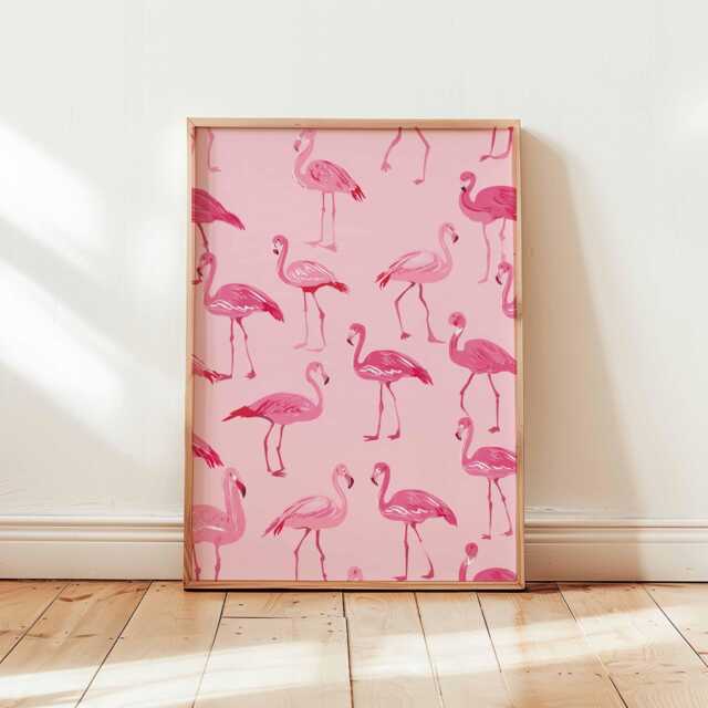 Pink Flamingo Pattern Poster, Cute Bird Wall Art, Tropical Print For Kids Room, Playful Animal Decor - image 1