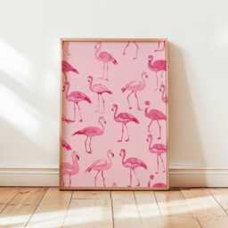 Pink Flamingo Pattern Poster, Cute Bird Wall Art, Tropical Print For Kids Room, Playful Animal Decor - thumbnail 1