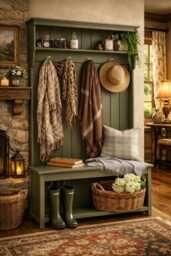 Handmade Hallway Bench With Coat Hooks & Shelf - Rustic Farmhouse Entryway Storage Unit Solid Wood Mudroom Bench, Custom Sizes & Colours