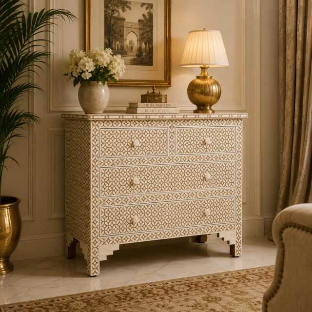 Designer Bone Inlay Brown Geometric Pattern Chest Of 4 Drawers Dresser - image 1