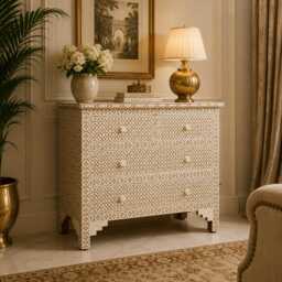 Designer Bone Inlay Brown Geometric Pattern Chest Of 4 Drawers Dresser - thumbnail 1
