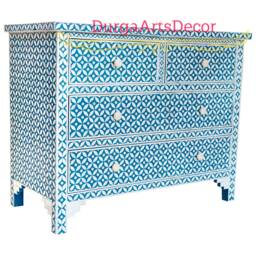 Designer Bone Inlay Brown Geometric Pattern Chest Of 4 Drawers Dresser - thumbnail 3