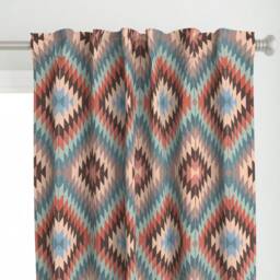 Southwest Curtain Panel - Tribal Boho Bohemian Coral Mint Blue Pink Custom Kilim in Autumn Colors By Willowlanetextiles