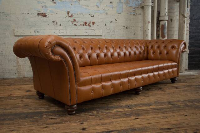 4 Seater Vintage Tan Brown Leather Chesterfield Sofa - British Handmade - image 1