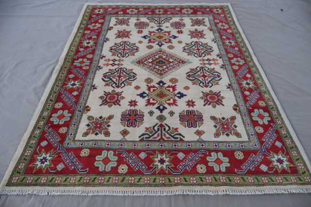 5x7 Beige Kazak Rug, Afghan Hand Knotted Veg Dyes Wool Area Geometric Patterns, Turkmen Tribal Living Room, Office, Bedroom Carpet - image 1
