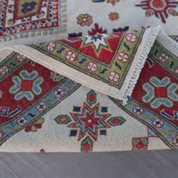 5x7 Beige Kazak Rug, Afghan Hand Knotted Veg Dyes Wool Area Geometric Patterns, Turkmen Tribal Living Room, Office, Bedroom Carpet - thumbnail 4