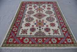 5x7 Beige Kazak Rug, Afghan Hand Knotted Veg Dyes Wool Area Geometric Patterns, Turkmen Tribal Living Room, Office, Bedroom Carpet - thumbnail 1