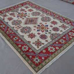 5x7 Beige Kazak Rug, Afghan Hand Knotted Veg Dyes Wool Area Geometric Patterns, Turkmen Tribal Living Room, Office, Bedroom Carpet - thumbnail 2