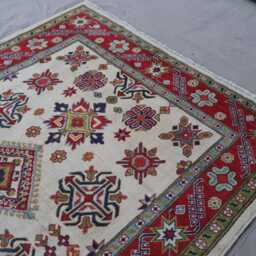 5x7 Beige Kazak Rug, Afghan Hand Knotted Veg Dyes Wool Area Geometric Patterns, Turkmen Tribal Living Room, Office, Bedroom Carpet - thumbnail 3