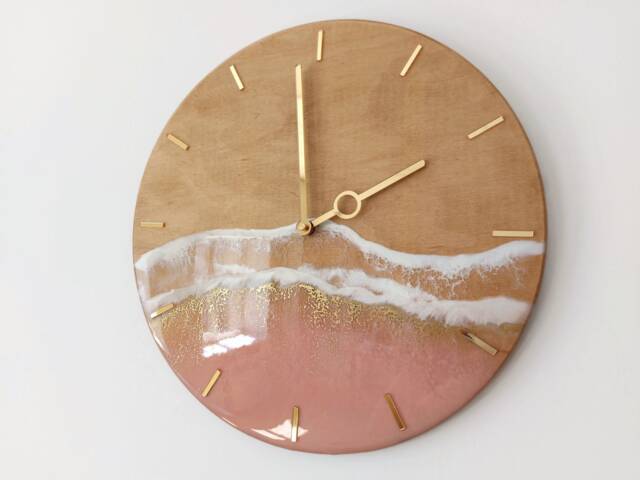 Rose Gold Ocean Wall Clock Resin Art For Beachy Room Decor Pink Epoxy Wave Design Sea Wood - image 1