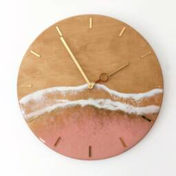 Rose Gold Ocean Wall Clock Resin Art For Beachy Room Decor Pink Epoxy Wave Design Sea Wood - thumbnail 2