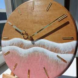 Rose Gold Ocean Wall Clock Resin Art For Beachy Room Decor Pink Epoxy Wave Design Sea Wood - thumbnail 4