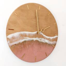 Rose Gold Ocean Wall Clock Resin Art For Beachy Room Decor Pink Epoxy Wave Design Sea Wood - thumbnail 3