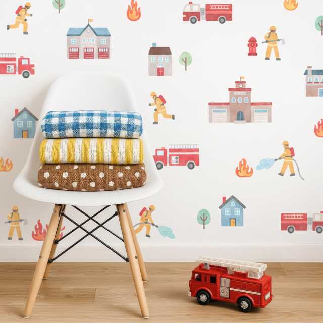 Firefighter Wall Decals - Removable, Reusable Stickers Boy Nursery Decor, Kids Room Watercolor Art, Fire Truck - image 1
