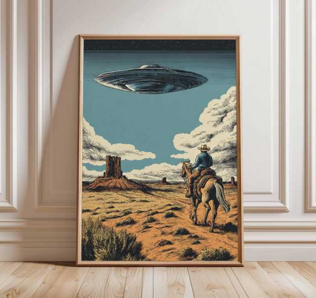 Ufo Cowboy Poster, Western Sci Fi Artwork, Nevada Wall Art, Alien Encounter Print, Desert Night Scene Decor, Extraterrestrial Art - image 1