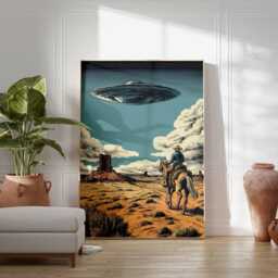 Ufo Cowboy Poster, Western Sci Fi Artwork, Nevada Wall Art, Alien Encounter Print, Desert Night Scene Decor, Extraterrestrial Art - thumbnail 2