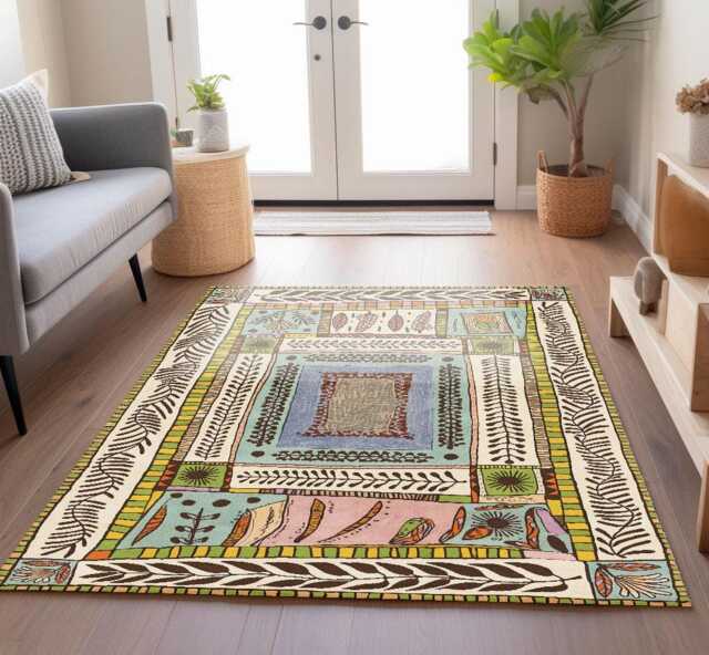 Botanical Chenille Rug Colorful Hand-Drawn Style, Lightweight Washable Carpet - image 1