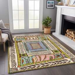 Botanical Chenille Rug Colorful Hand-Drawn Style, Lightweight Washable Carpet - thumbnail 3