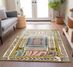 Botanical Chenille Rug Colorful Hand-Drawn Style, Lightweight Washable Carpet - thumbnail 1