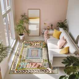 Botanical Chenille Rug Colorful Hand-Drawn Style, Lightweight Washable Carpet - thumbnail 2